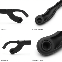 SGG CHANNEL — Sound Guide Tube — side view, internal sound channel, front view, and sound port detail — SmartGlass Gear