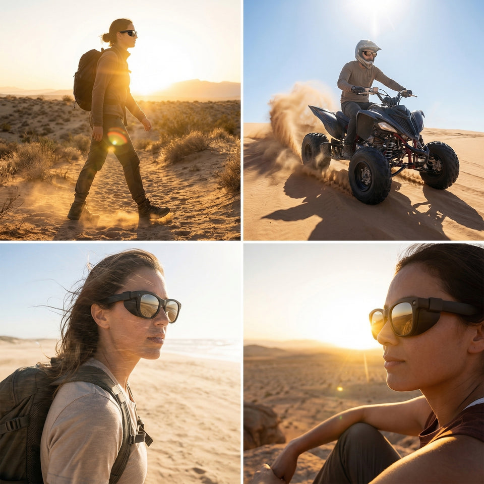 SGG FIN — Ray-Ban Meta smart glasses with matte black silicone side glare shields — studio product view — SmartGlass Gear