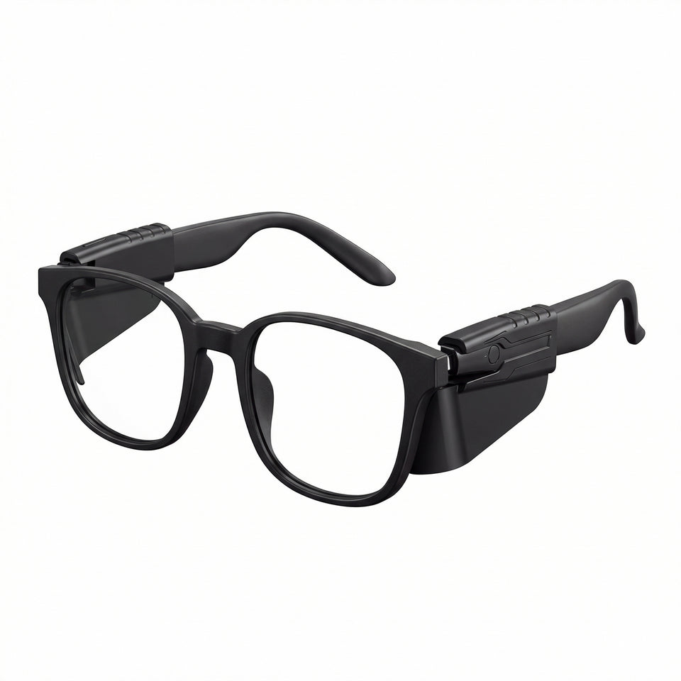 SGG FIN — Ray-Ban Meta smart glasses with matte black silicone side glare shields — studio product view — SmartGlass Gear