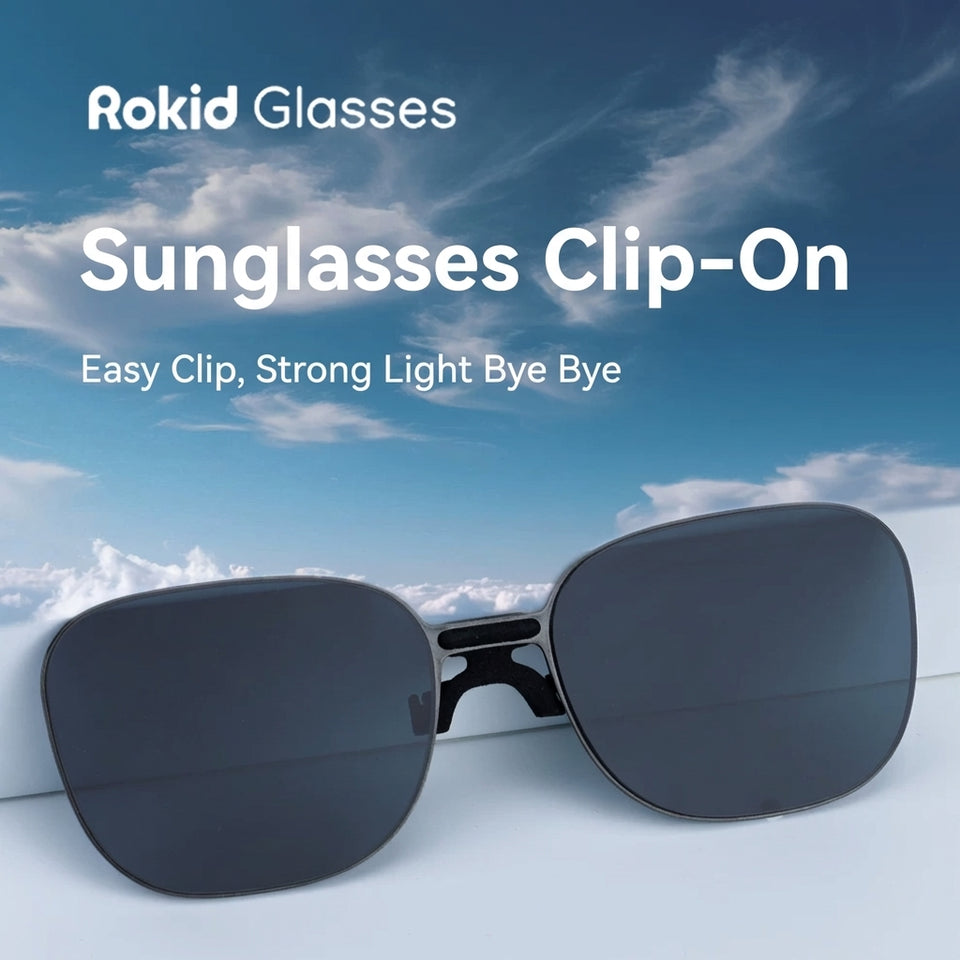 SGG Rokid SunClip front product view showing polarized clip-on sunglasses for Rokid Glasses — SmartGlass Gear
