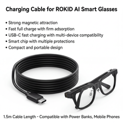Rokid magnetic charging cable spec image showing 1.5m length, strong magnetic hold, USB-C compatibility, and portable design — SmartGlass Gear