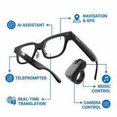 SGG RING — Rokid RGR06 smart ring — key features and gesture controls infographic — SmartGlass Gear