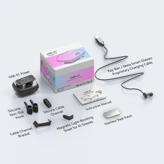 SGG POD Meta kit contents with Ray-Ban Meta charging cable cable channel anti-slip hooks magnetic light-blocking tab and battery pack — SmartGlass Gear
