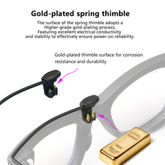 SGG POD Meta gold-plated spring contact detail for stable charging on Ray-Ban Meta smart glasses — SmartGlass Gear