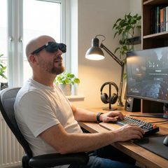 SGG SHADE One — XREAL One glasses with light blocker — indoor lifestyle, clearer display — SmartGlass Gear