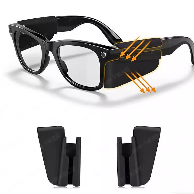 SGG FIN — Ray-Ban Meta smart glasses with matte black silicone side glare shields — studio product view — SmartGlass Gear