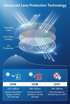 SGG Rokid SunClip lens technology infographic showing polarized layer anti-glare coating and UV protection — SmartGlass Gear