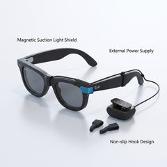 SGG POD Meta pocket battery pack connected to Ray-Ban Meta smart glasses with external power cable routing — SmartGlass Gear