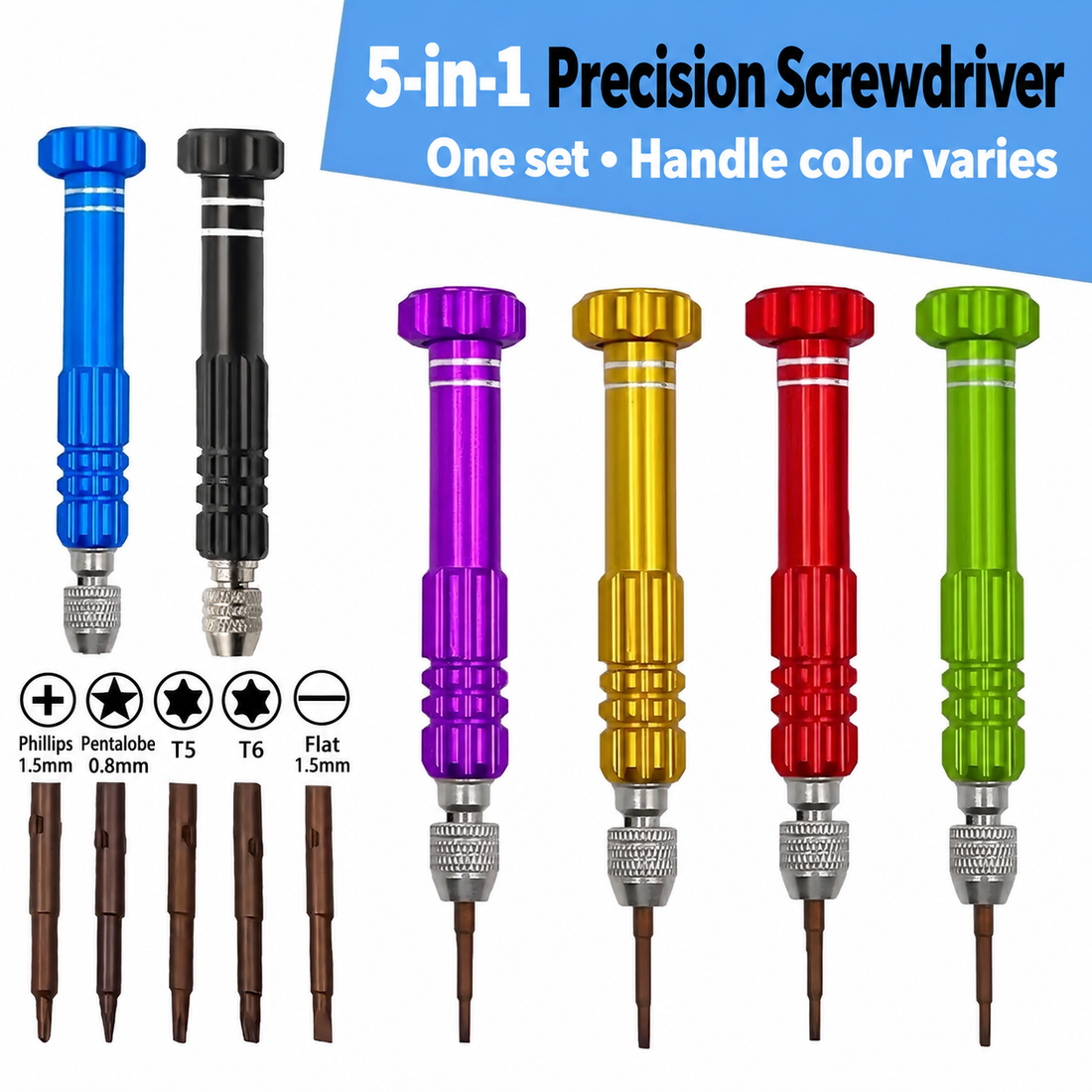 Assorted handle color examples and five driver tips; one randomly selected handle color supplied per set