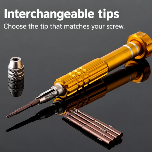 Precision screwdriver and removable bits, with Phillips 1.5 mm, flat 1.5 mm, pentalobe 0.8 mm, T5 and T6 tips