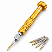 5-in-1 precision screwdriver set: one handle and five bits total, with one fitted bit and four spare bits