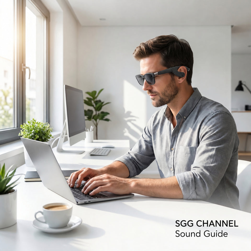 SGG CHANNEL sound-guide accessory shown on glasses while a person works at a laptop. Glasses not included.