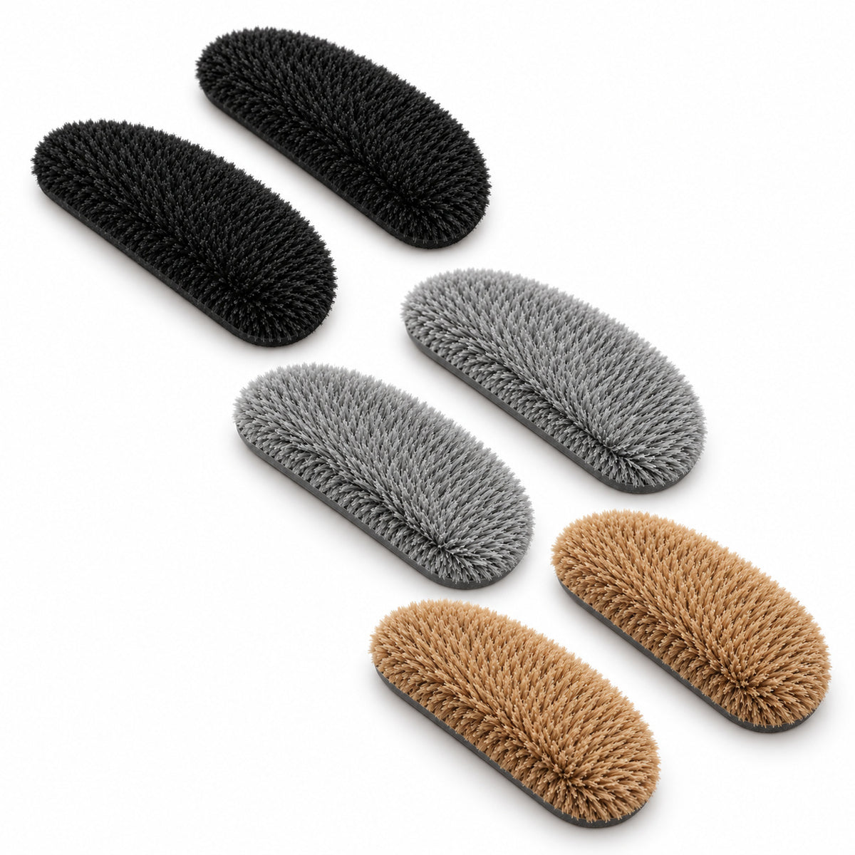 One three-color set of fleece stick-on nose pads: one pair each in Black, Gray and Camel, six patches total.