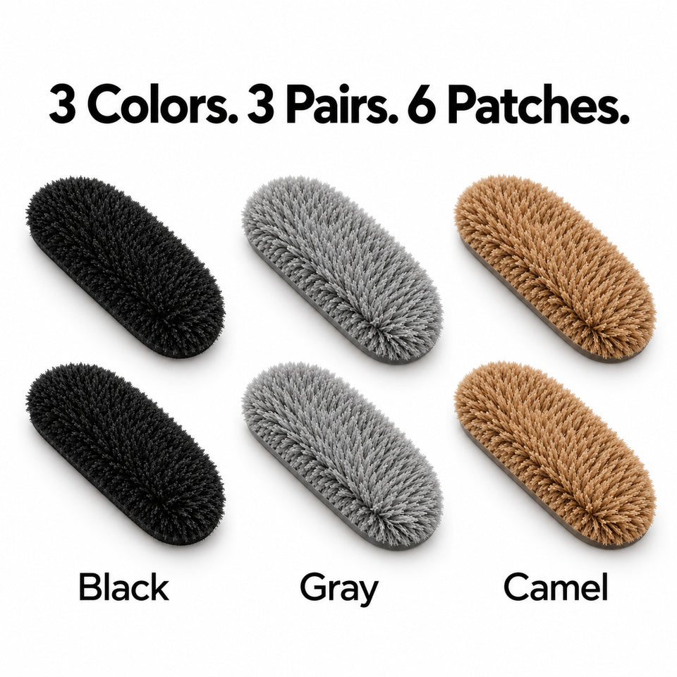 One three-color set of fleece stick-on nose pads: one pair each in Black, Gray and Camel, six patches total.