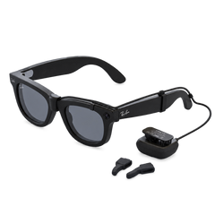 SGG POD Meta battery pack and charging accessories with Ray-Ban Meta smart glasses, shown on a white background