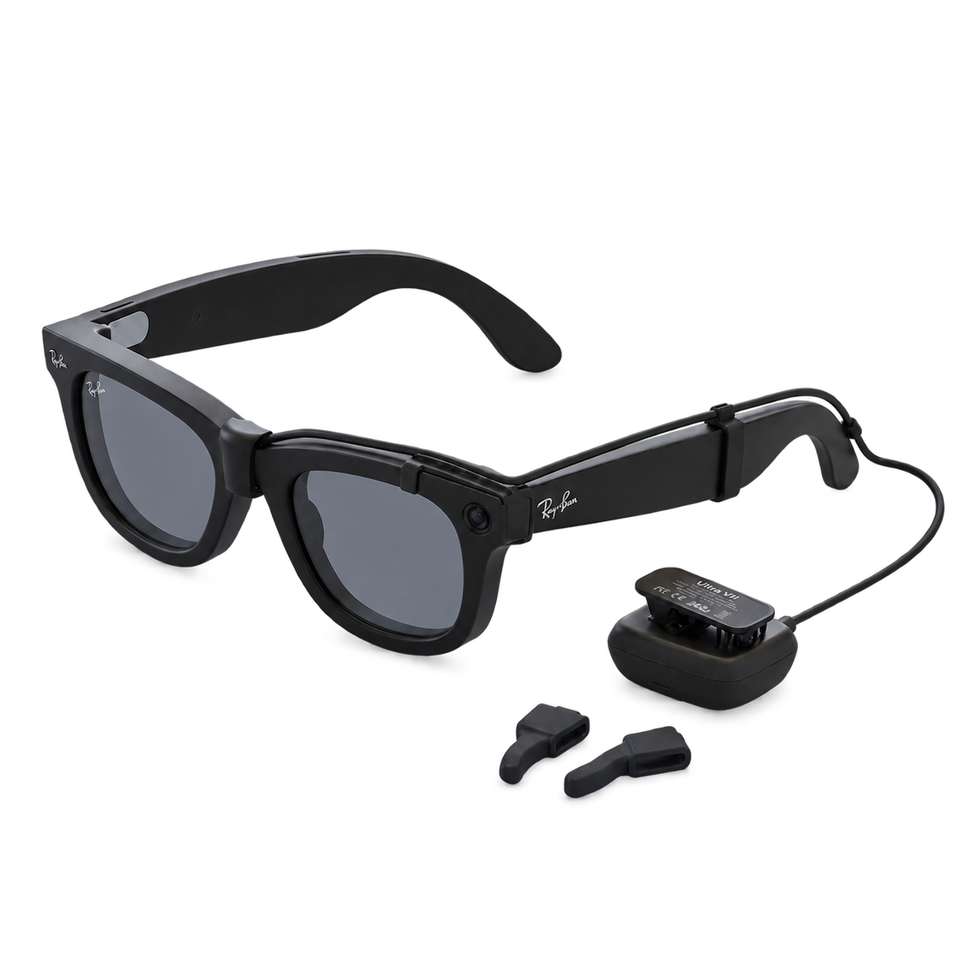 SGG POD Meta battery pack and charging accessories with Ray-Ban Meta smart glasses, shown on a white background