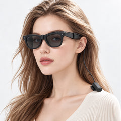SGG POD Meta charging setup shown with a model wearing Ray-Ban Meta smart glasses