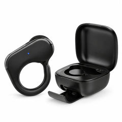 One black ring controller beside its empty included charging case; glasses not included.