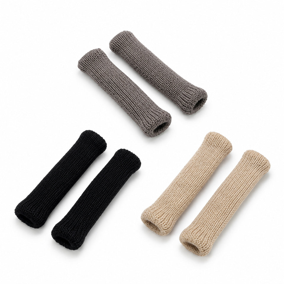 Three pairs of knitted temple sleeves, six covers in Black, Gray and light tan (Brown).